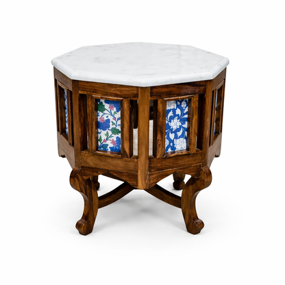 Octagon Marble Top Wooden Side Table – Solid Wood End Table for Living Room, Bedroom & Lounge