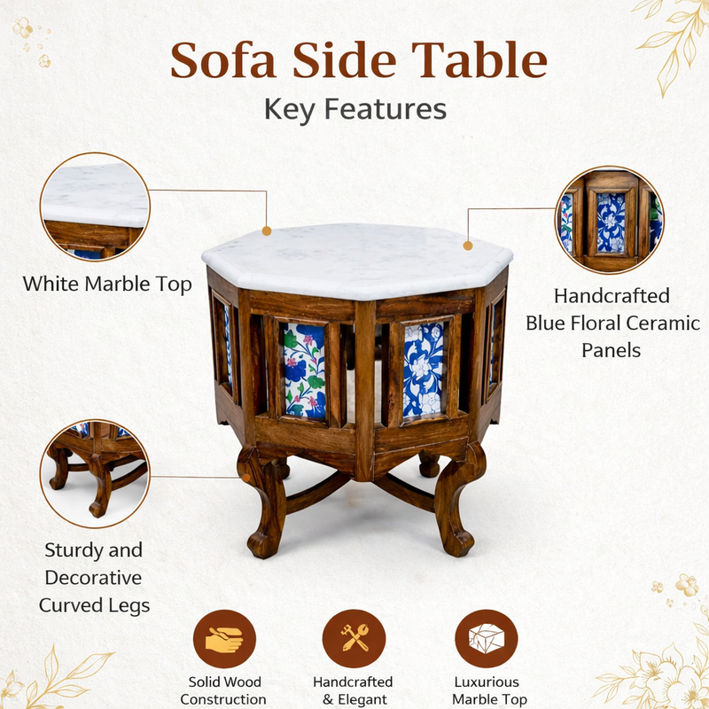Octagon Marble Top Wooden Side Table – Solid Wood End Table for Living Room, Bedroom & Lounge
