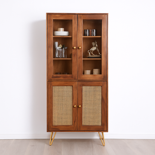 Nay-7 Sheesham Wood 4 Door Soft Closed Shelves Storage Kitchen Cabinet ( Honey Finish )