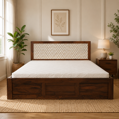 Geometric Lattice Sheesham Wood Storage Bed - King/Queen Size