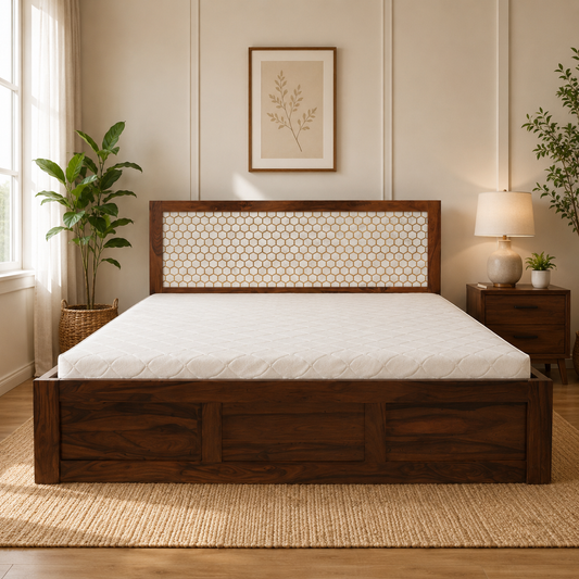 Geometric Lattice Sheesham Wood Storage Bed - King/Queen Size