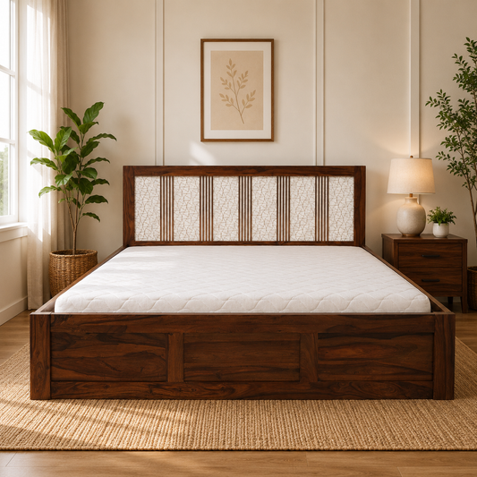 Suryavanshi Sheesham Wooden Storage Bed With Lift-Up Storage & Decorative Headboard