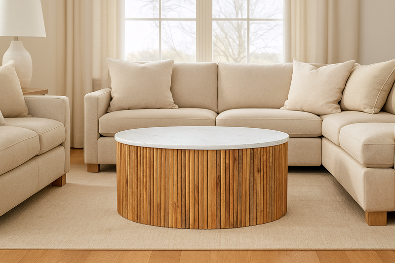 Suryavanshi Mango Solid Wood Round Center Table with White Marble Top for Living Room | Modern Coffee Table for Sofa Set | Contemporary Design | Natural Wood Finish