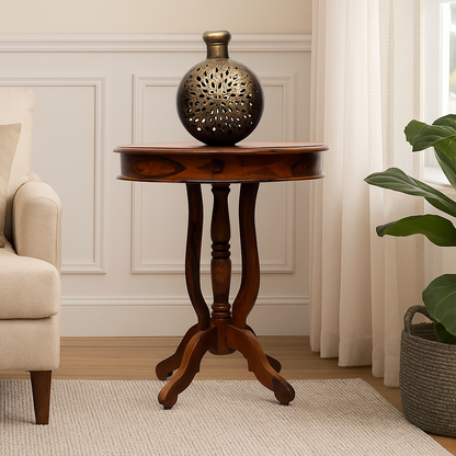Suryavanshi Sheesham Wooden Round End Table with Carved French Leg Round Accent Table, Bed Side Table, Side Table, 45D x 45W x 55H Centimeters