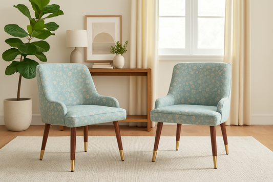 Suryavanshi Pack of 2 Floral Accent Chairs for Living Room | Mid-Century Upholstered Armchairs with Wooden Legs & Brass Caps | Fabric Lounge Chair for Bedroom, Dining, Study – Turquoise