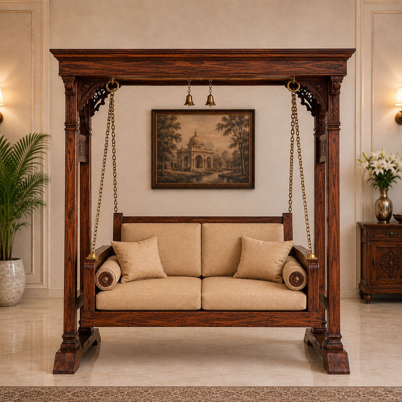 Ambar Solid Wood Temple Swing with Stand | Traditional Hand-Carved Wooden Jhula For Living Room