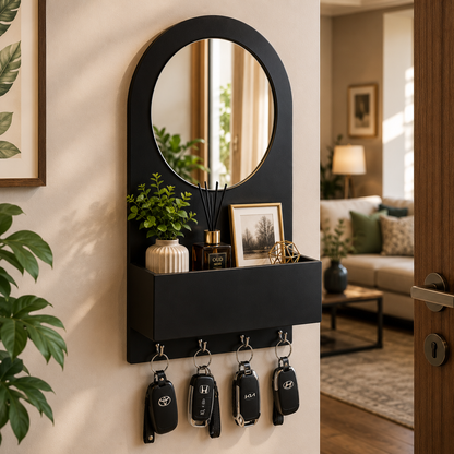 Suryavanshi Wooden Wall Mounted Key Holder with Mirror & Storage Shelf