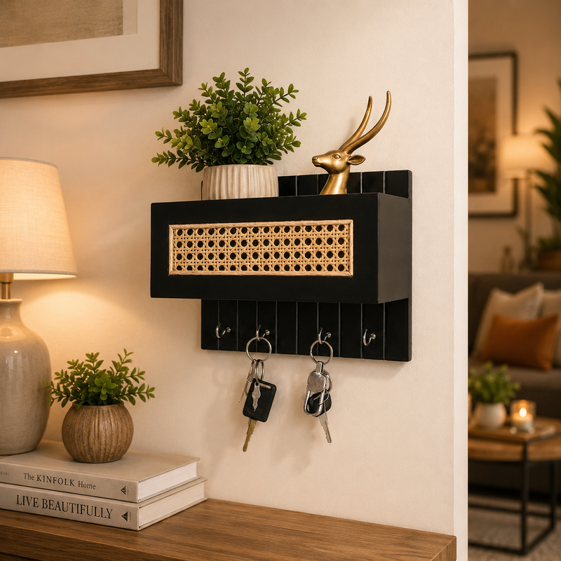 Suryavanshi Wooden Wall Mounted Key Holder with Storage Shelf | Rattan Cane Key Organizer