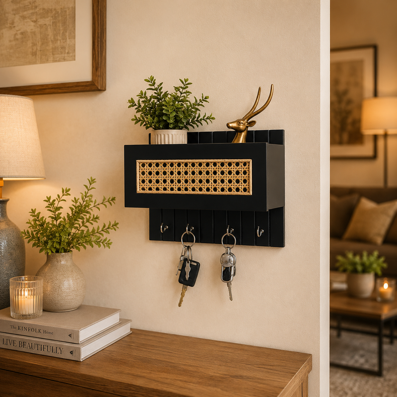 Suryavanshi Wooden Wall Mounted Key Holder with Storage Shelf | Rattan Cane Key Organizer