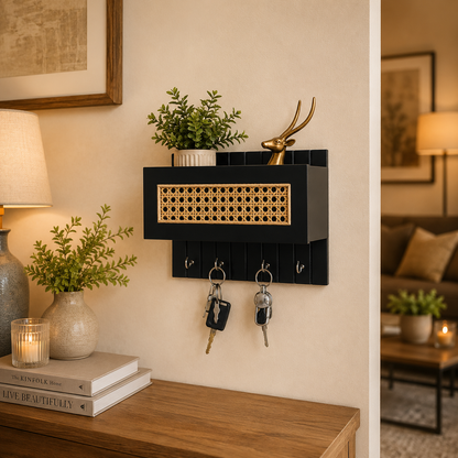 Suryavanshi Wooden Wall Mounted Key Holder with Storage Shelf | Rattan Cane Key Organizer