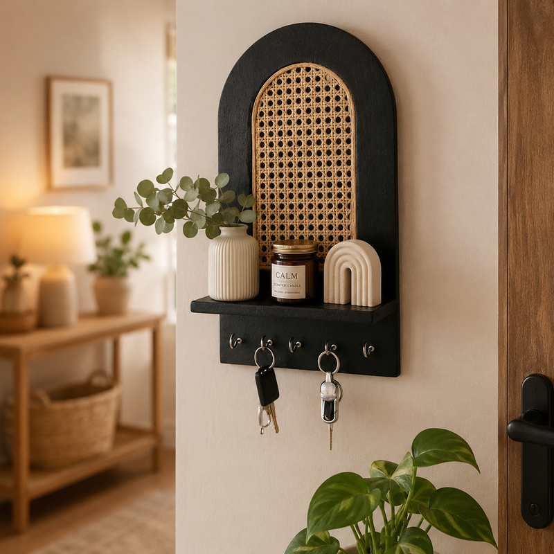 Suryavanshi Wooden Wall Mounted Key Holder with Shelf | Rattan Cane Design Key Organizer