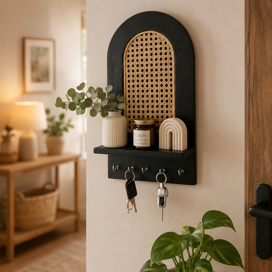 Suryavanshi Wooden Wall Mounted Key Holder with Shelf | Rattan Cane Design Key Organizer