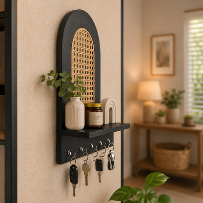 Suryavanshi Wooden Wall Mounted Key Holder with Shelf | Rattan Cane Design Key Organizer