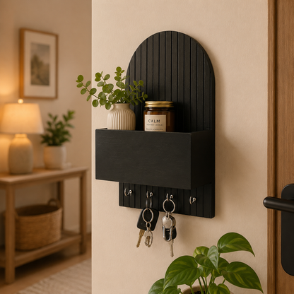 Suryavanshi Mango Wooden Wall Mounted Key Holder with Storage Shelf & 4 Key Hooks