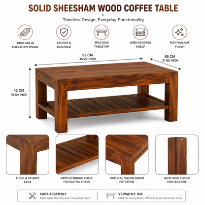 Suryavanshi Solid Sheesham Wood Coffee Table with Open Storage Shelf for Living Room