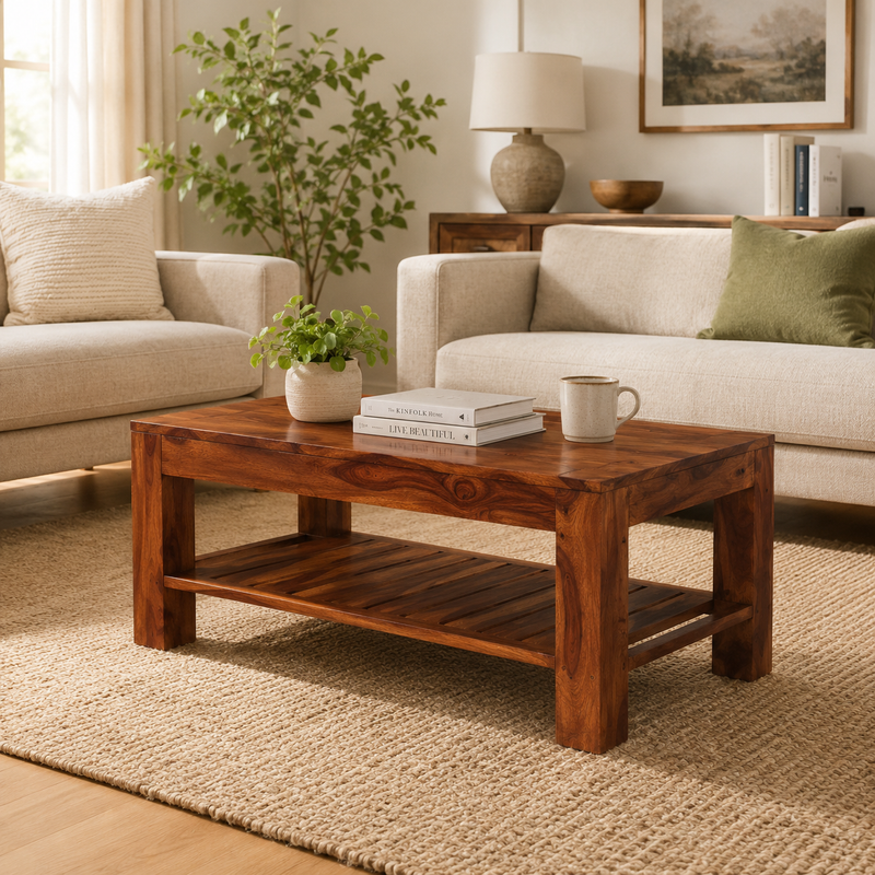 Suryavanshi Solid Sheesham Wood Coffee Table with Open Storage Shelf for Living Room
