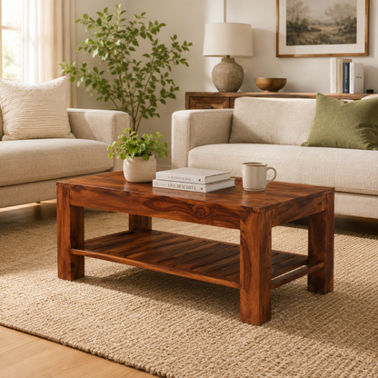 Suryavanshi Solid Sheesham Wood Coffee Table with Open Storage Shelf for Living Room