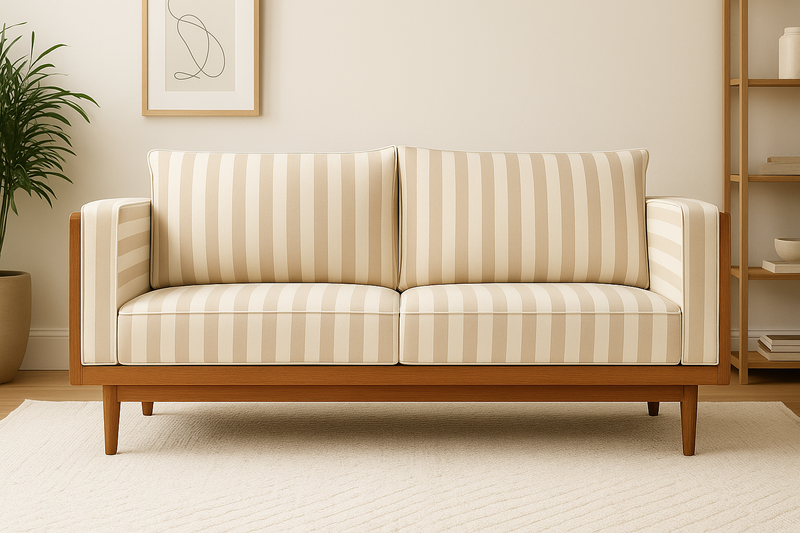 Suryavanshi Solid Sheesham Wood 3 -Seater Sofa with Handwoven Cane Panel & Striped Fabric for Living Room (Natural Finish)