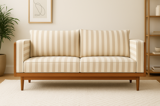 Suryavanshi Solid Sheesham Wood 3 -Seater Sofa with Handwoven Cane Panel & Striped Fabric for Living Room (Natural Finish)