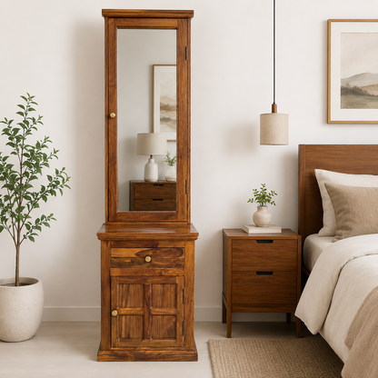 Heritage Solid Sheesham Wood Dressing Table with Mirror & Storage Cabinet