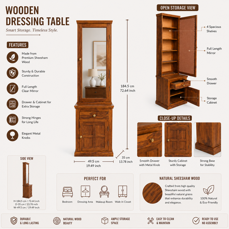 Heritage Solid Sheesham Wood Dressing Table with Mirror & Storage Cabinet