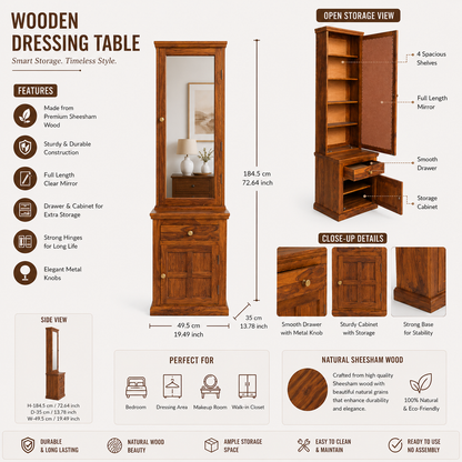 Heritage Solid Sheesham Wood Dressing Table with Mirror & Storage Cabinet