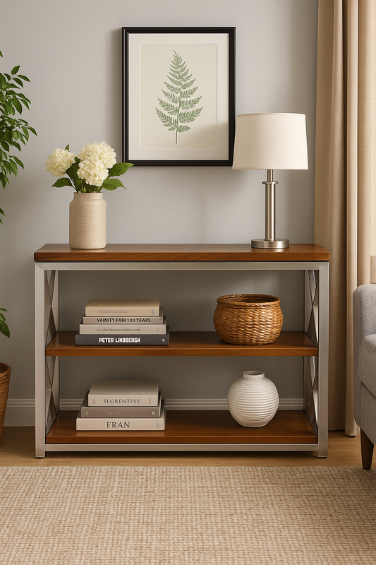 Suryavanshi Solid Sheesham Wood & Stainless Steel Console Table | 3-Tier Open Shelf Storage Rack for Living Room, Hallway & Office | Modern Industrial Design