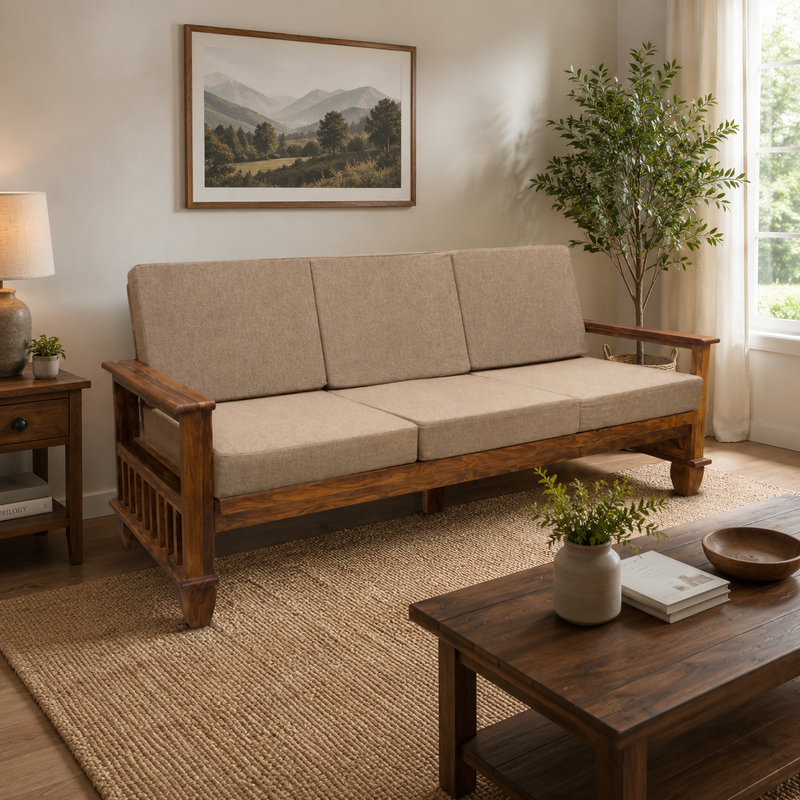 MAGAZINE Sheesham Wood Cushioned Upholstery Sofa Set