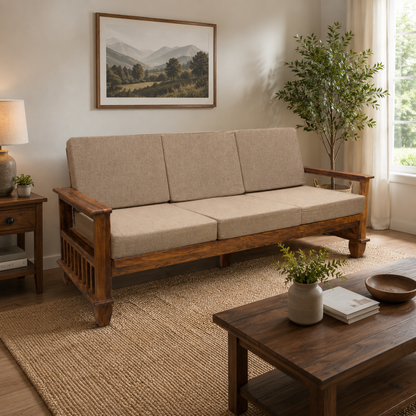 MAGAZINE Sheesham Wood Cushioned Upholstery Sofa Set