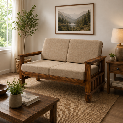 MAGAZINE Sheesham Wood Cushioned Upholstery Sofa Set