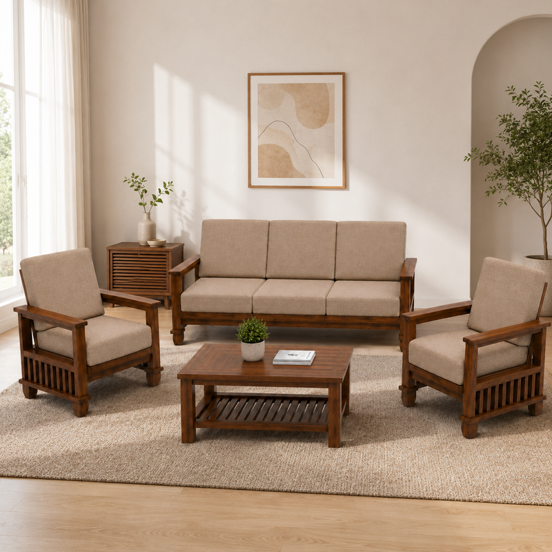 MAGAZINE Sheesham Wood Cushioned Upholstery Sofa Set