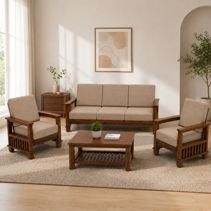 MAGAZINE Sheesham Wood Cushioned Upholstery Sofa Set
