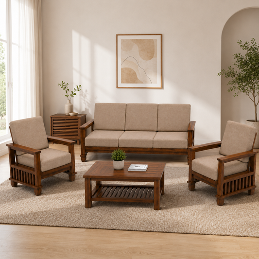 MAGAZINE Sheesham Wood Cushioned Upholstery Sofa Set