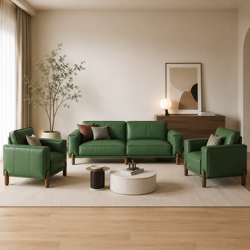 Emerald Luxe Pu Leather Olive Green Sofa – Modern Couch with Solid Wood