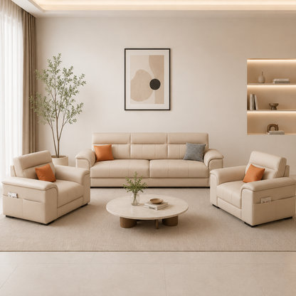 Trendy Ivory Pu Leather Solid Color Floor Sofa-Beige