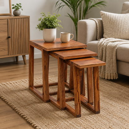 SURYAVANSHI Sheesham Wood Nest of 3 Tables – Stackable and Versatile (W48 x D45 x H48 cm)