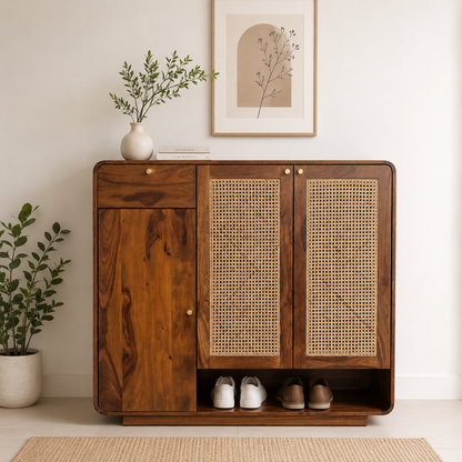 Grisa Sheesham Wood Shoe Cabinet With Cane Detailing