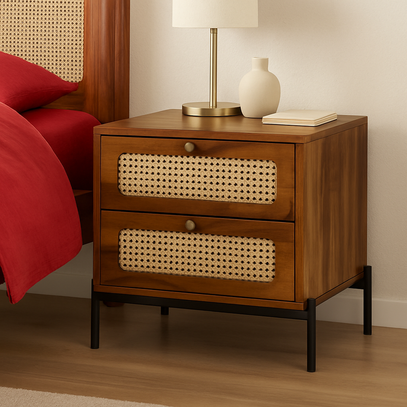 Suryavanshi Sheesham Wood Bedside Table with Cane Drawer Fronts & Metal Legs – 2 Drawer Nightstand for Bedroom (Natural Finish)