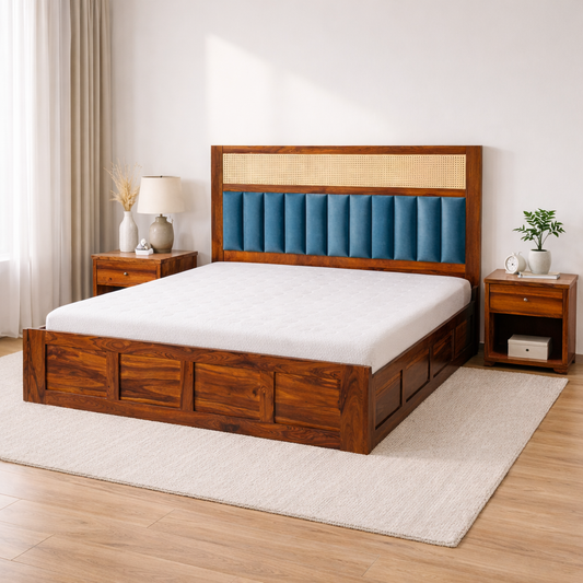 Verona Sheesham Wood Hydraulic Storage Bed with Rattan Cane & Upholstered Headboard
