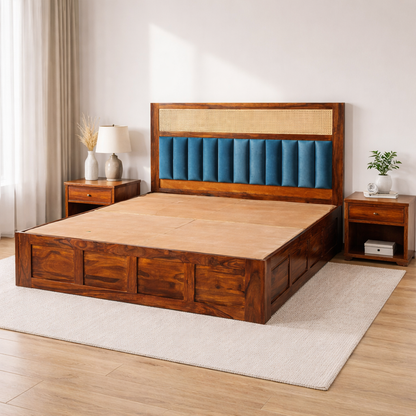 Verona Sheesham Wood Hydraulic Storage Bed with Rattan Cane & Upholstered Headboard