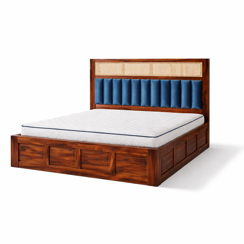 Verona Sheesham Wood Hydraulic Storage Bed with Rattan Cane & Upholstered Headboard