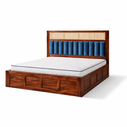Verona Sheesham Wood Hydraulic Storage Bed with Rattan Cane & Upholstered Headboard