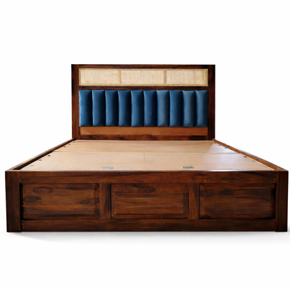 Verona Sheesham Wood Hydraulic Storage Bed with Rattan Cane & Upholstered Headboard