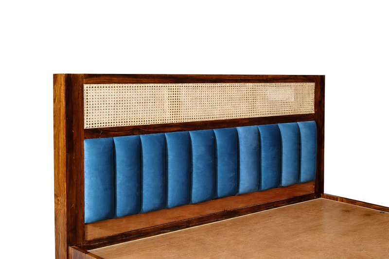 Verona Sheesham Wood Hydraulic Storage Bed with Rattan Cane & Upholstered Headboard