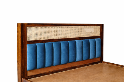 Verona Sheesham Wood Hydraulic Storage Bed with Rattan Cane & Upholstered Headboard