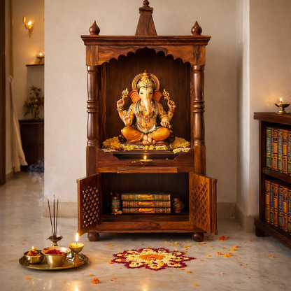 Pavittra Wooden Temple for Home Mandir with Storage
