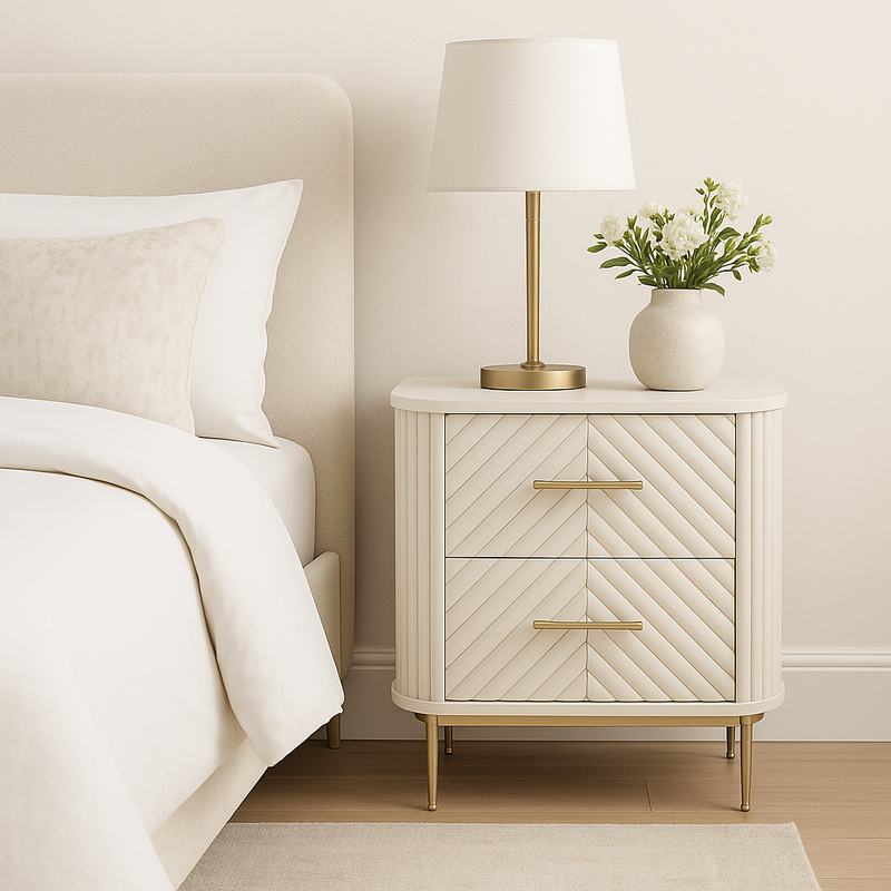 Suryavanshi Whitewash Wooden Bedside Table for Bedroom with 2 Drawers & Brass Handles | Ribbed Modern Nightstand | Solid Wood End Table for Women’s Room Decor & Storage