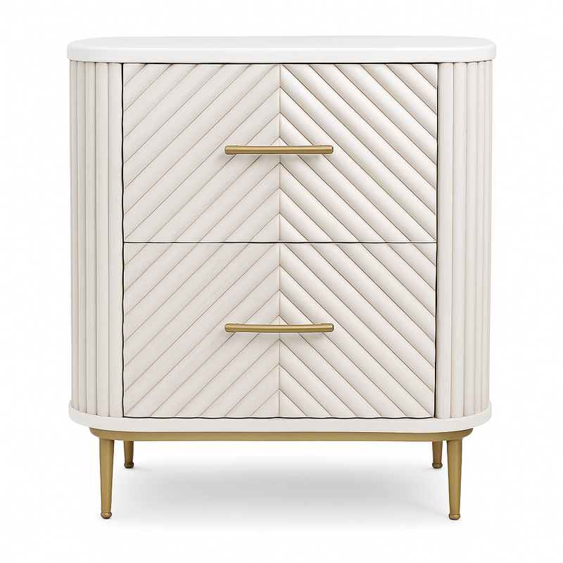 Suryavanshi Whitewash Wooden Bedside Table for Bedroom with 2 Drawers & Brass Handles | Ribbed Modern Nightstand | Solid Wood End Table for Women’s Room Decor & Storage