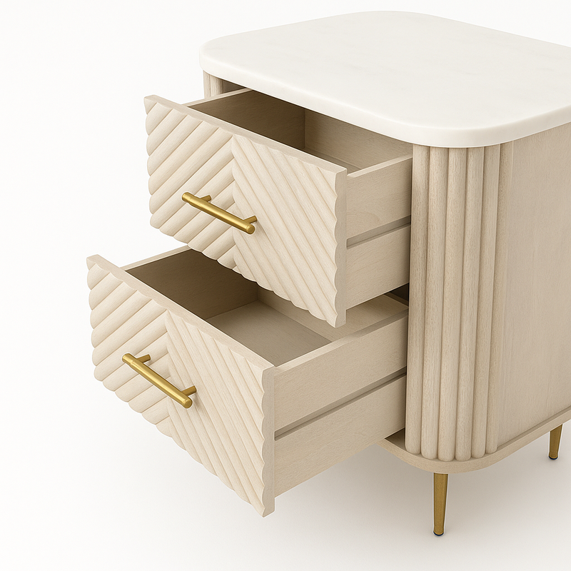 Suryavanshi Whitewash Wooden Bedside Table for Bedroom with 2 Drawers & Brass Handles | Ribbed Modern Nightstand | Solid Wood End Table for Women’s Room Decor & Storage