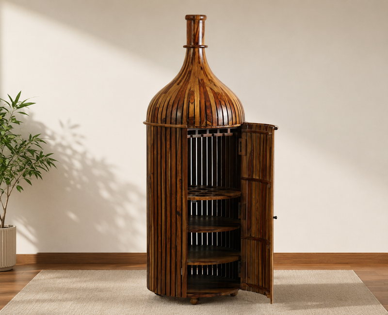 Sheesham Wood Bottle Shape Bar Cabinet with Glass Holder & Wine Storage- Large